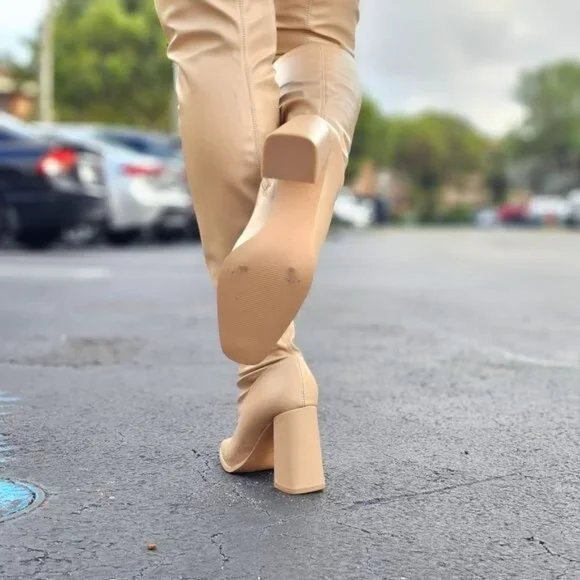 Women's Thigh High Over the Knee Boots Chunky Heel Nude Color - Picture 7 of 7